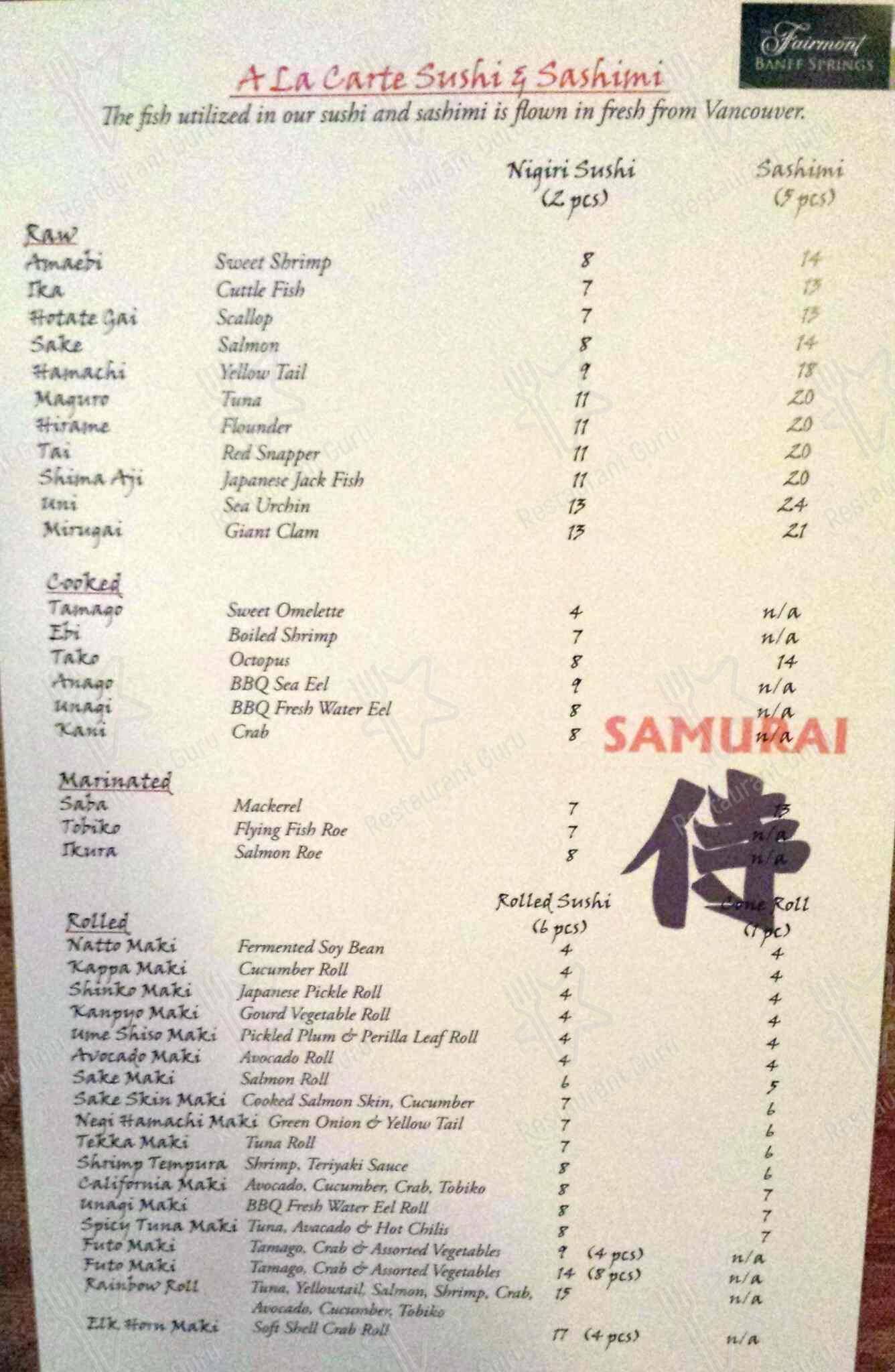 Samurai Sushi Bar and Restaurant menu