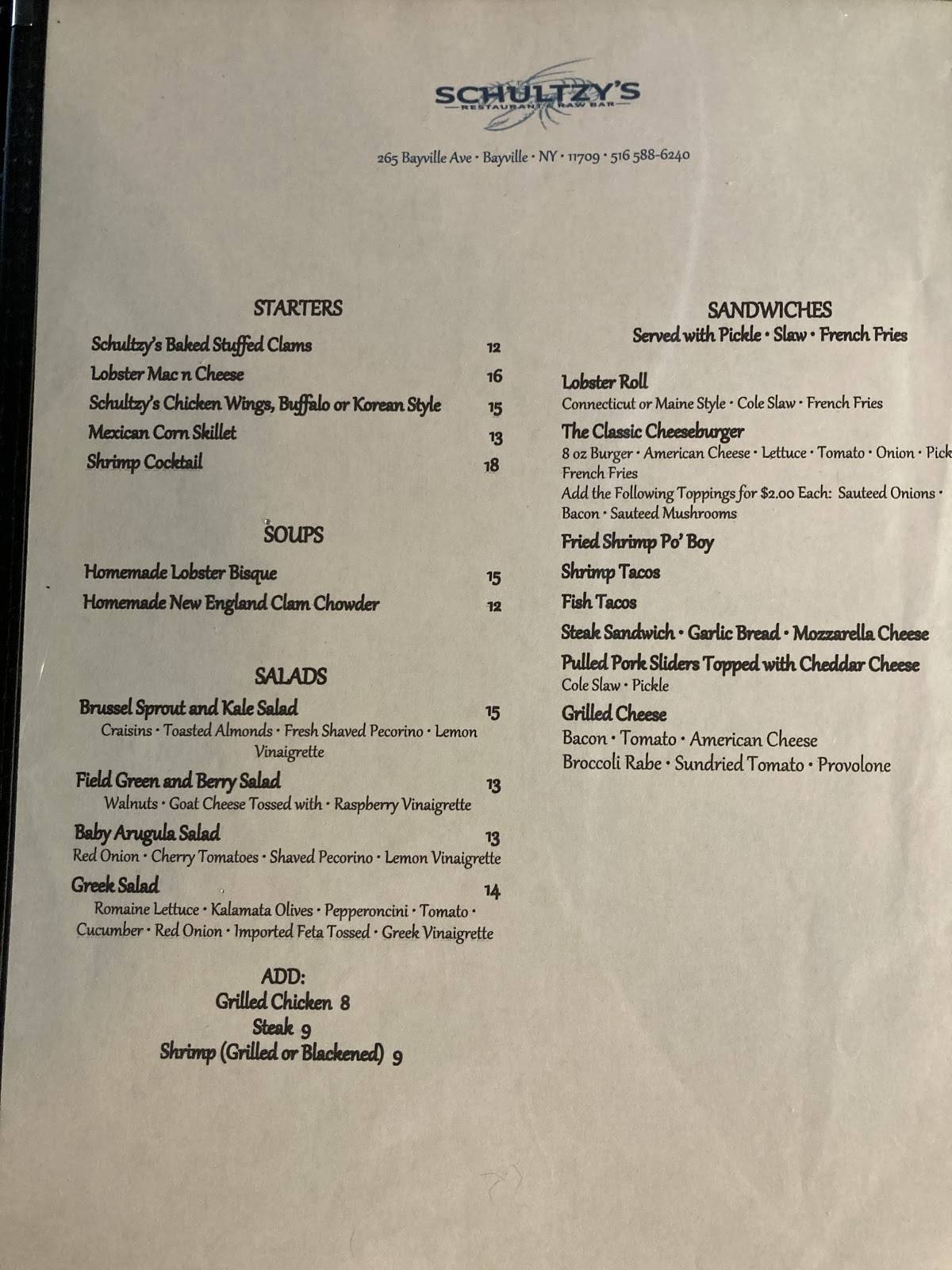 Menu at Schultzy's Restaurant, Bayville