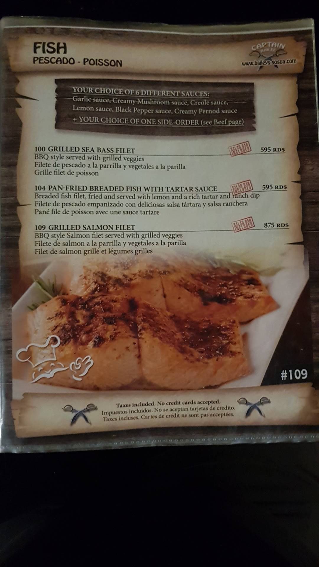 Menu at Captain Bailee restaurant, Sosúa