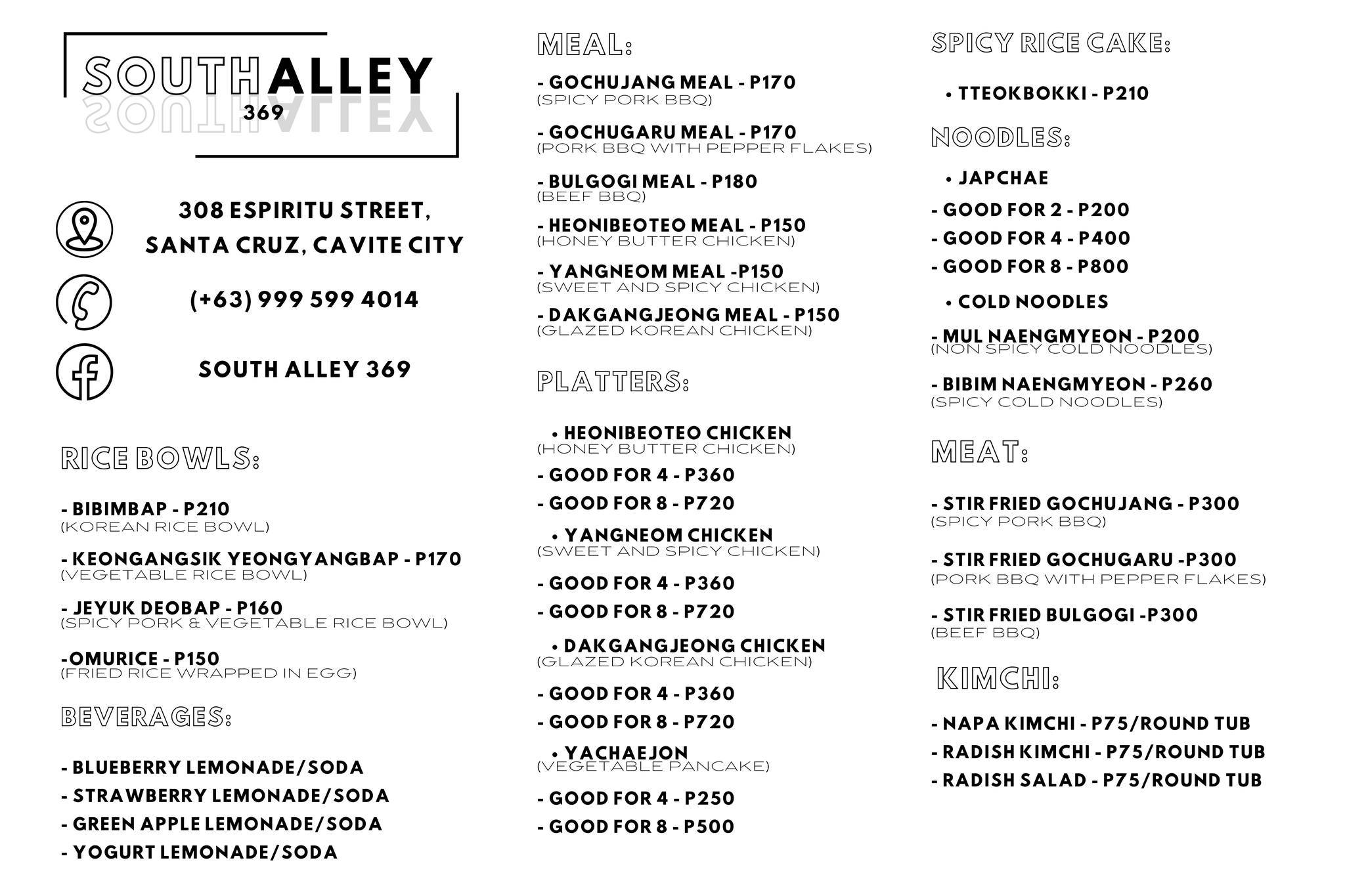 Menu at South Alley 369 restaurant, Cavite City