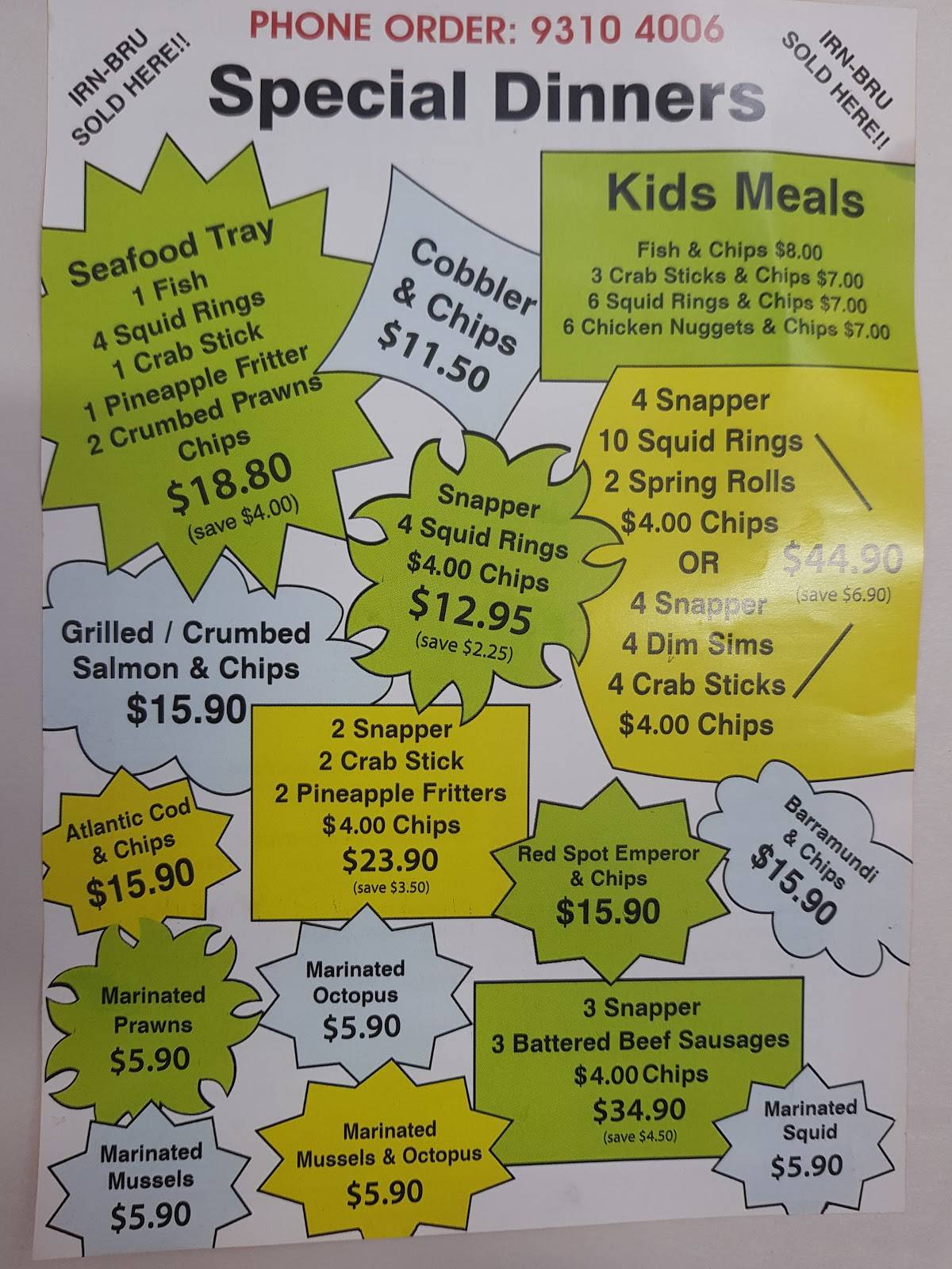 Menu at Southlands Fish & Chips fast food, Willetton