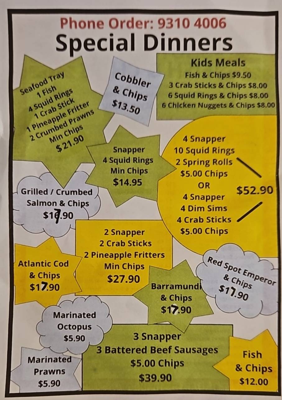 Menu at Southlands Fish & Chips fast food, Willetton