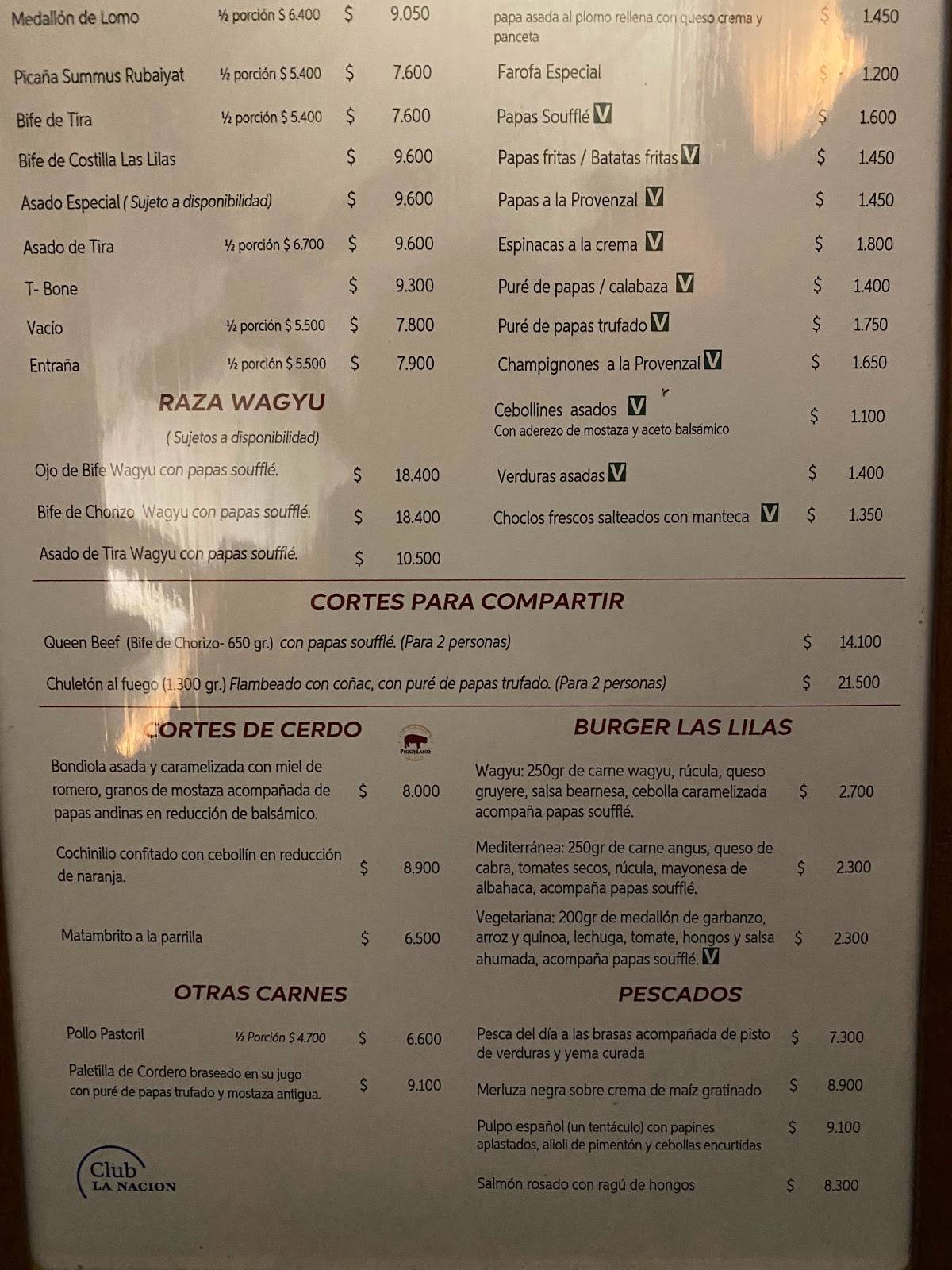 Menu at Cabaña Las Lilas steakhouse, Buenos Aires, Av. Alicia Moreau de ...