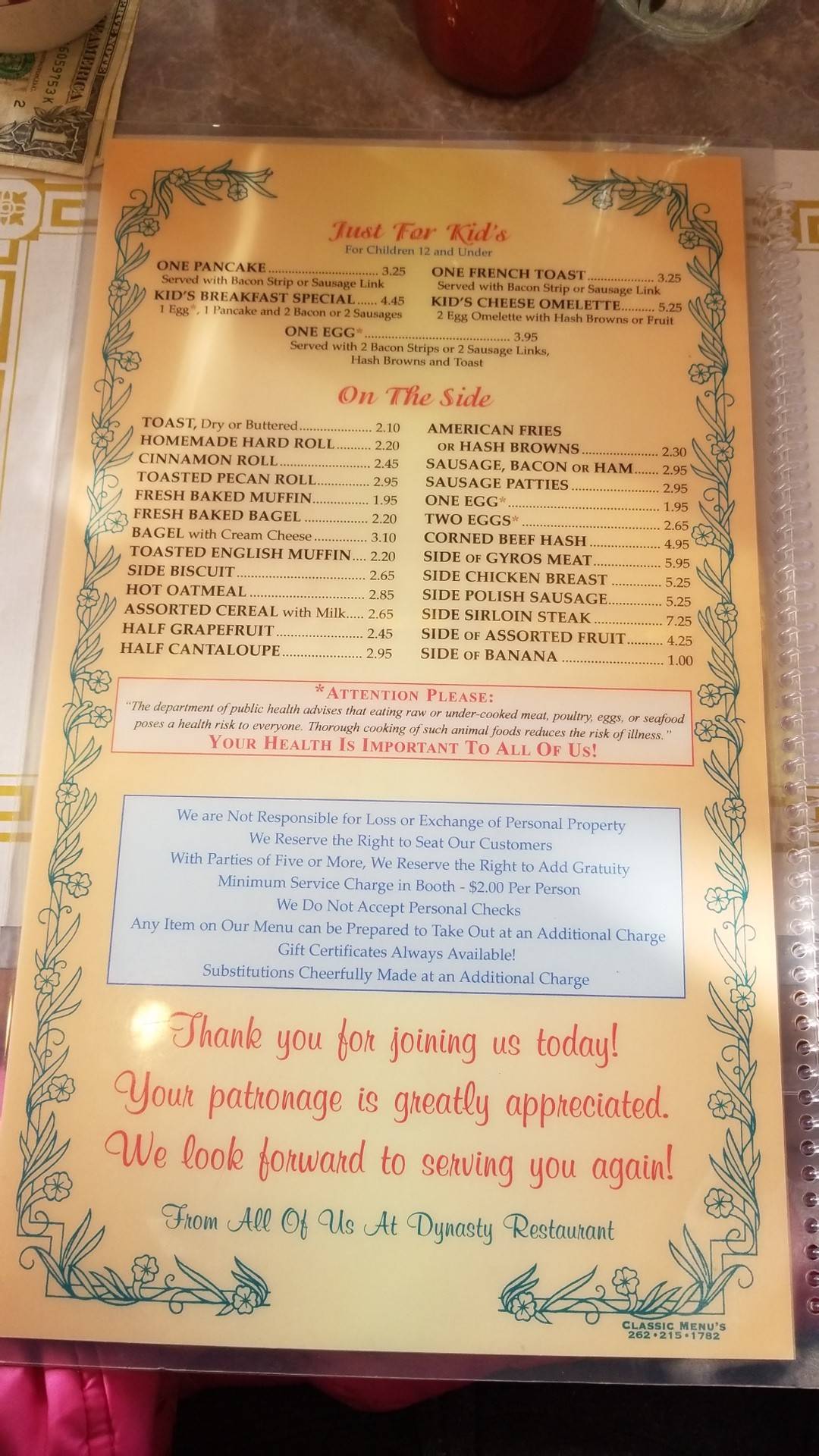 Menu at Dynasty Family Restaurant, Racine