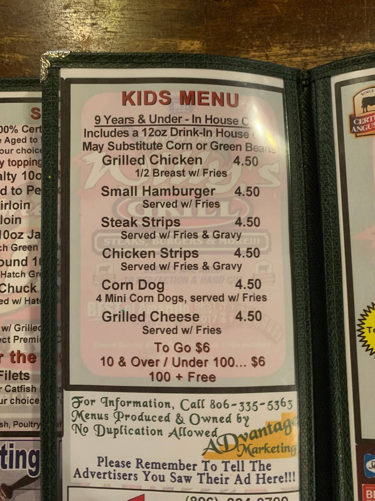 Menu at Green Chile Willy's steakhouse, Amarillo