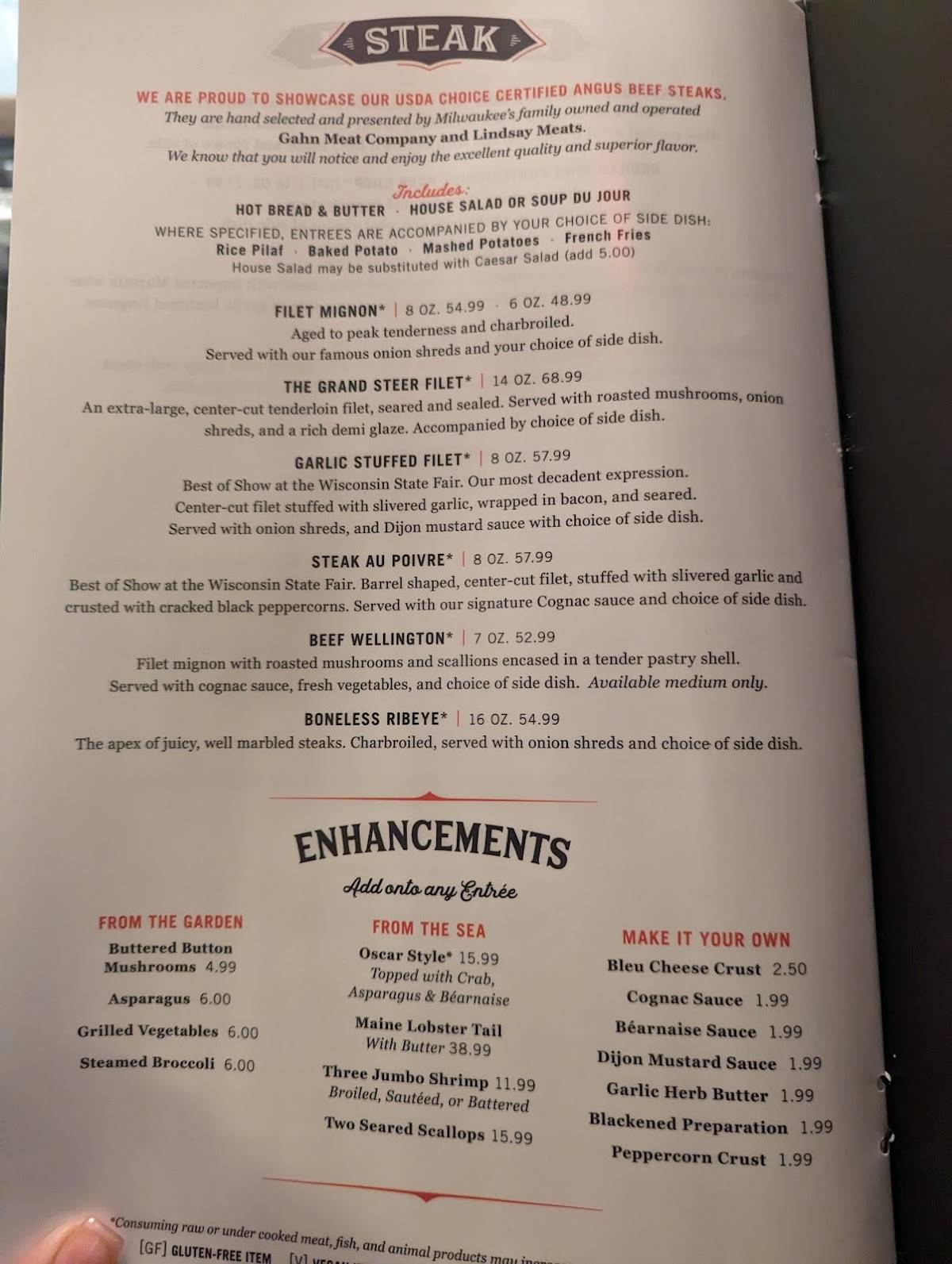 Menu at The Packing House steakhouse, Milwaukee