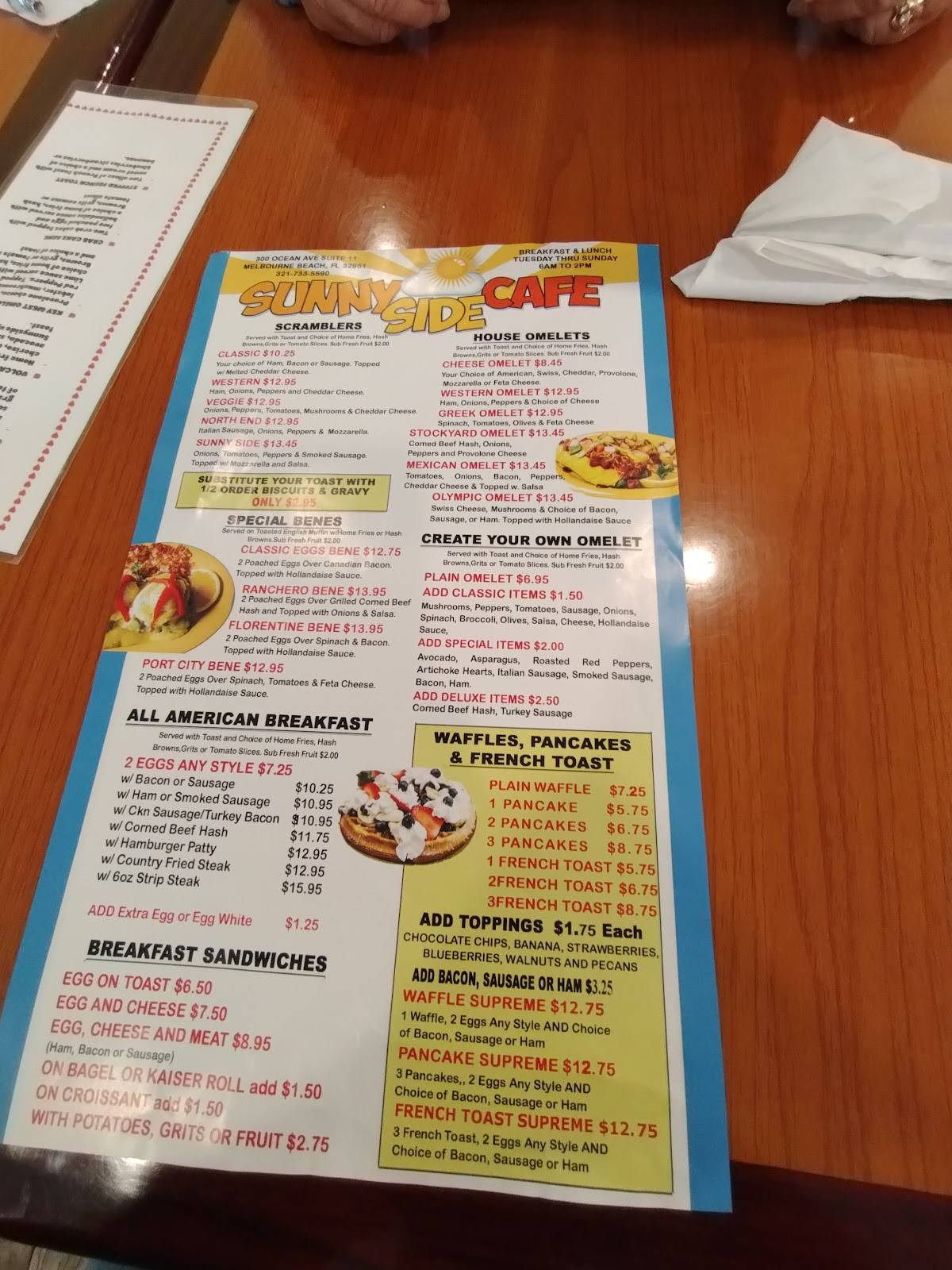 Carta de Sunnyside Cafe, Melbourne Beach