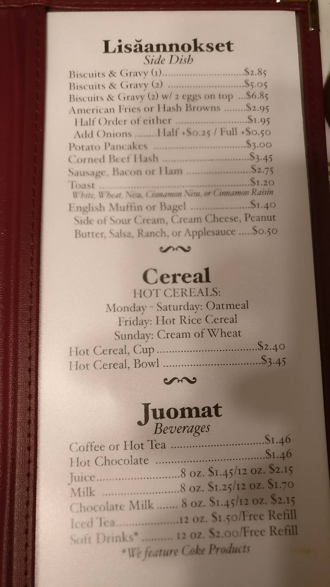 Menu at Suomi Home Bakery & Restaurant, Houghton