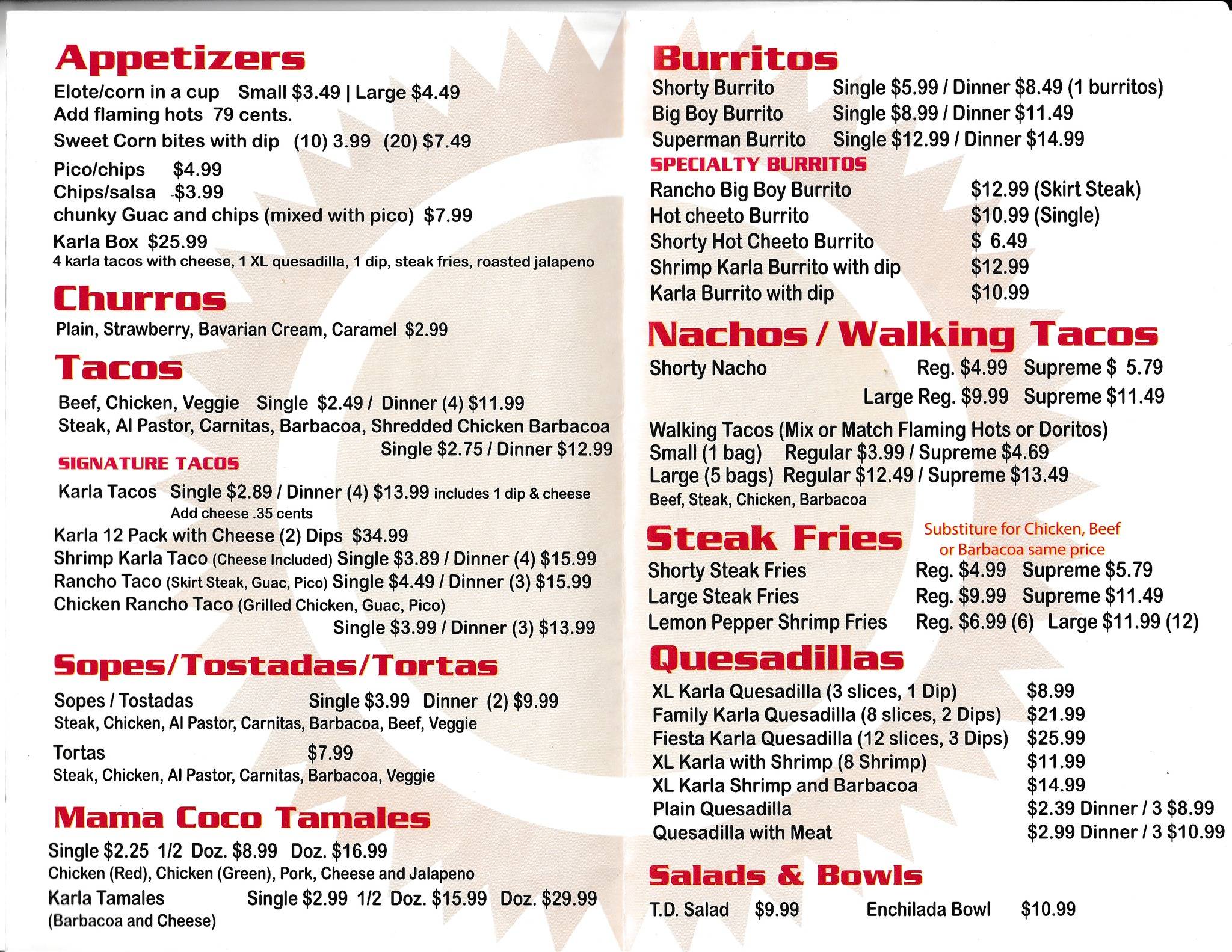 Menu at Taco Depot steakhouse, Merrillville, 851 W 57th Ave