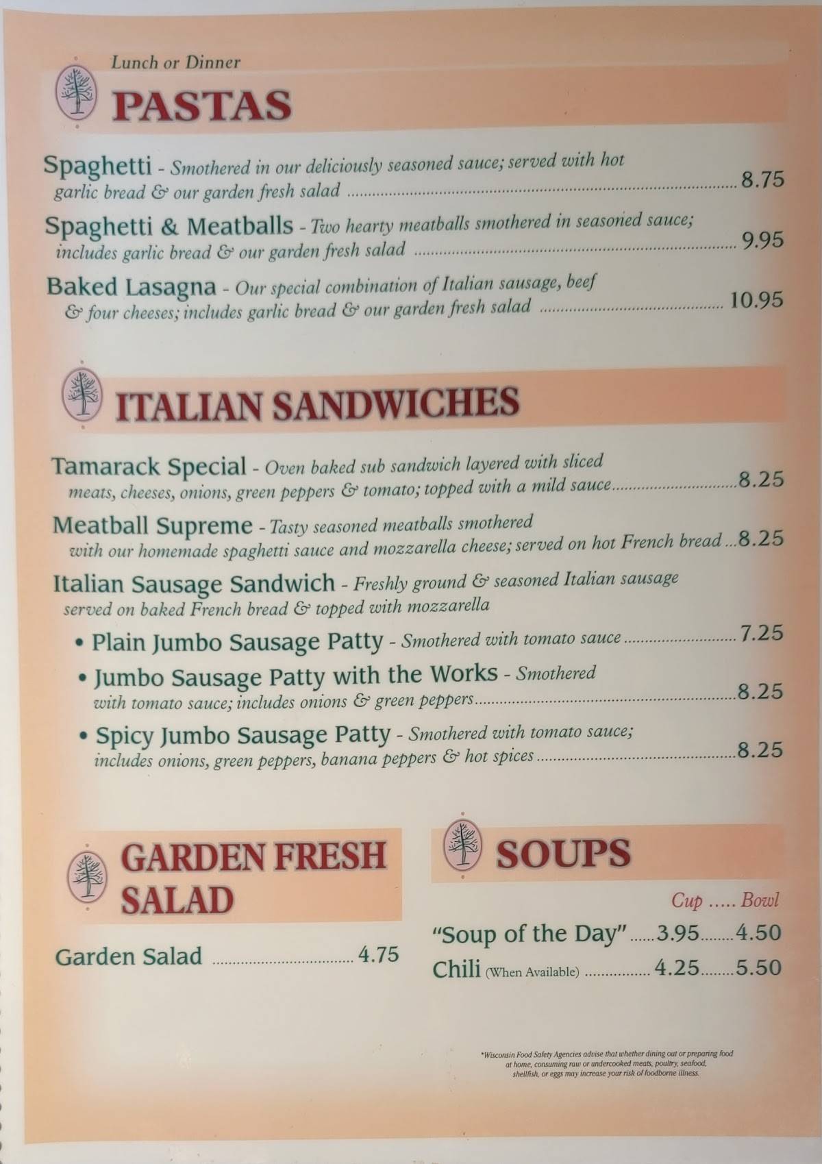 Menu at Tamarack Pizza pizzeria, Portage