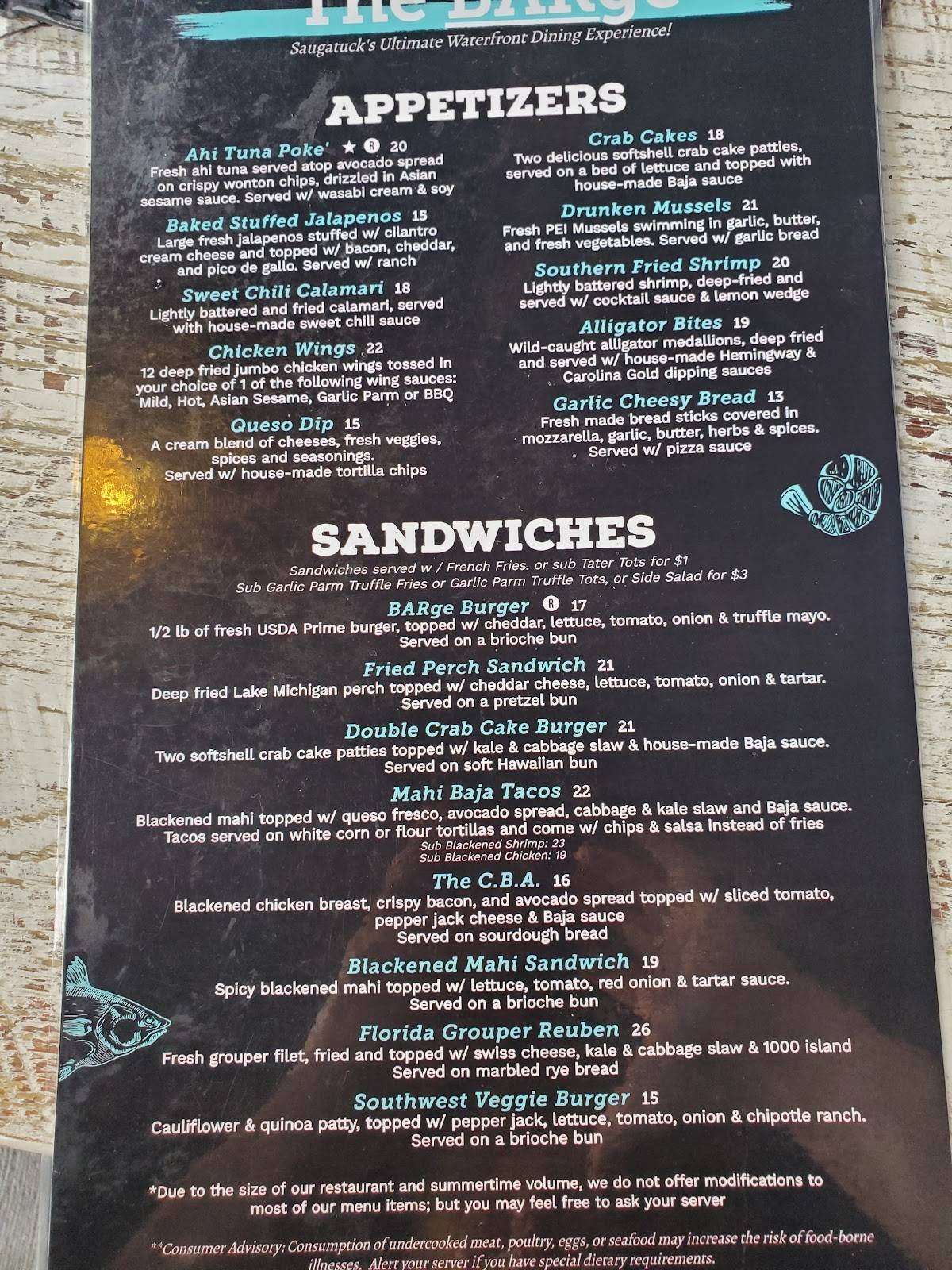 Menu at The BARge, Saugatuck