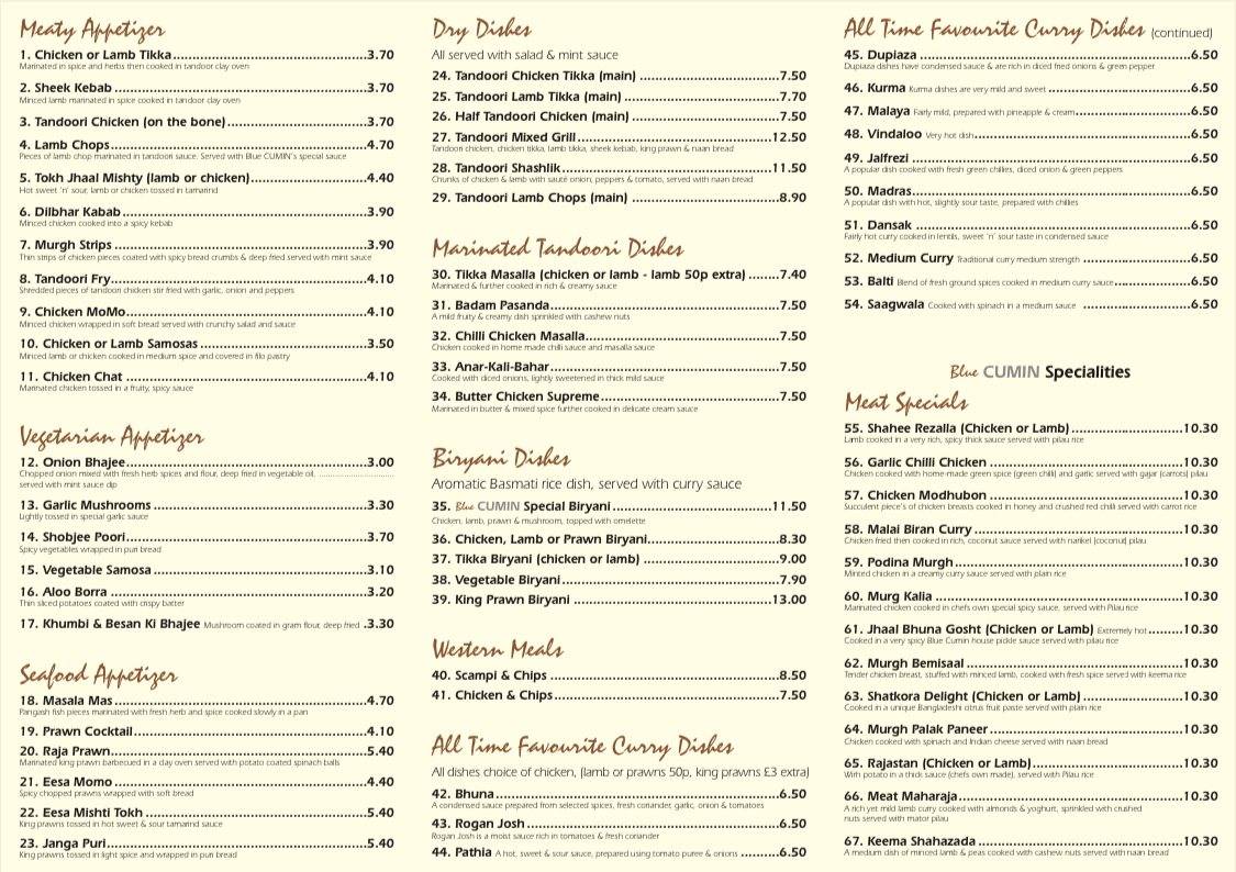 Menu at Blue Cumin restaurant, Magor