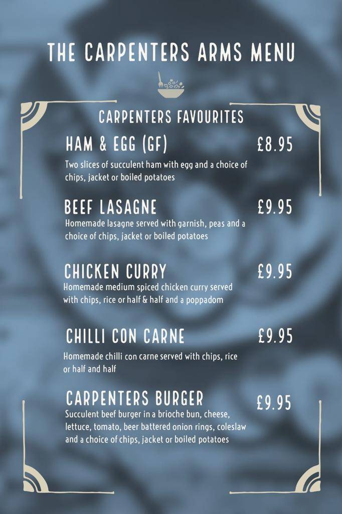 Menu at The Carpenters Arms restaurant, Laugharne