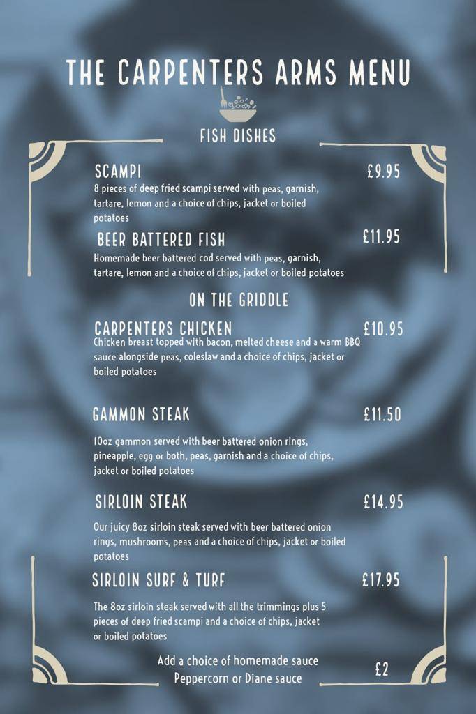Menu at The Carpenters Arms restaurant, Laugharne
