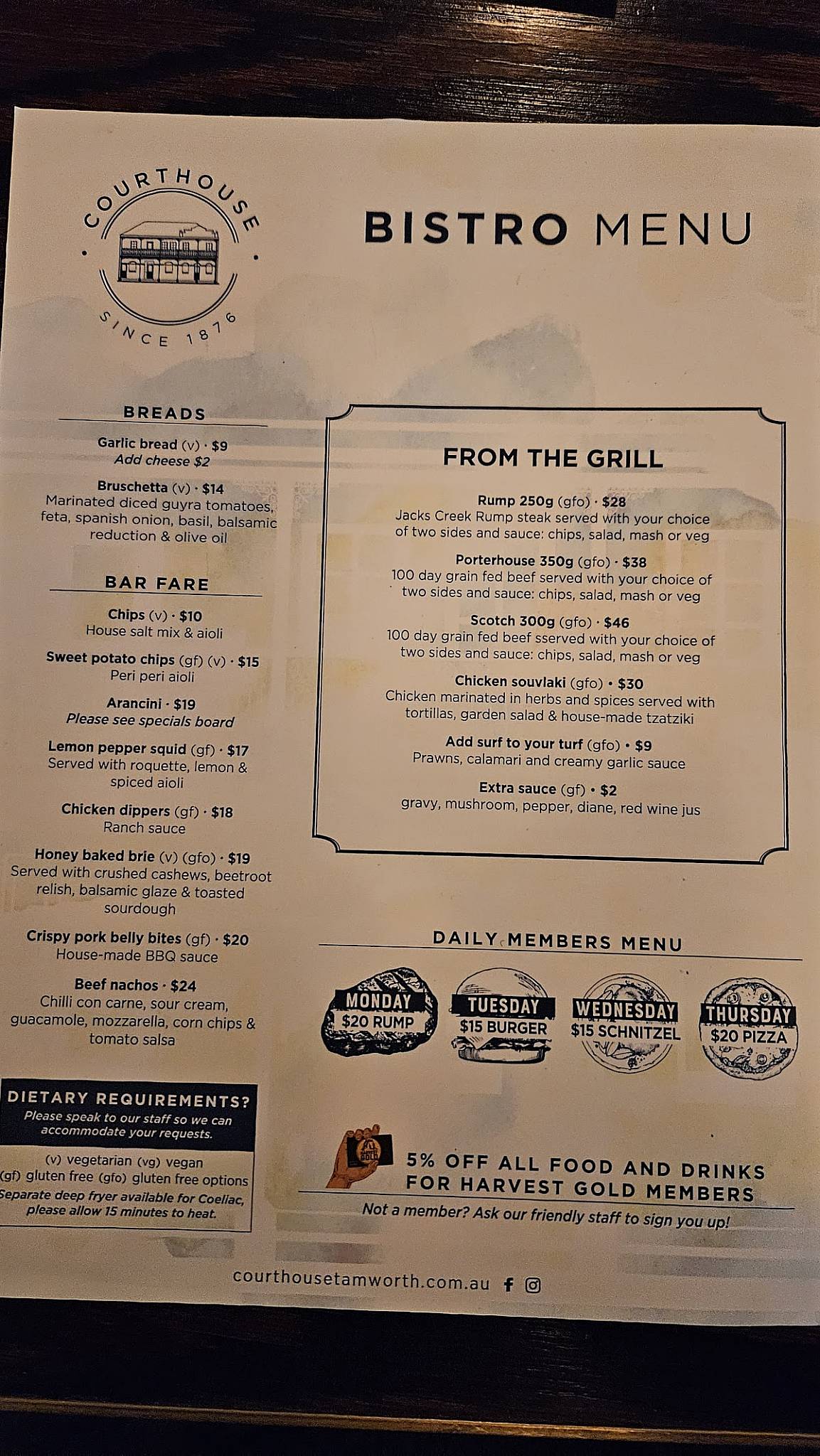 Menu at The Courthouse Hotel, Tamworth restaurant, Tamworth