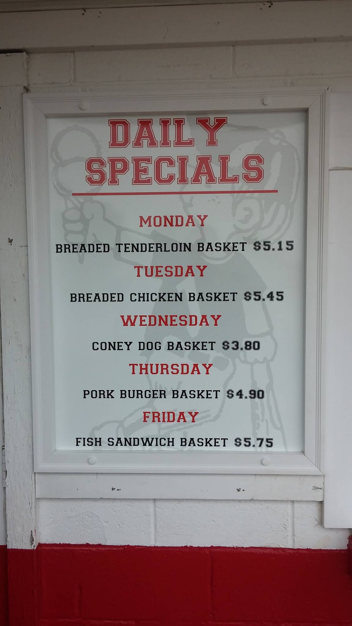 Menu at The Dugout restaurant, Otterbein