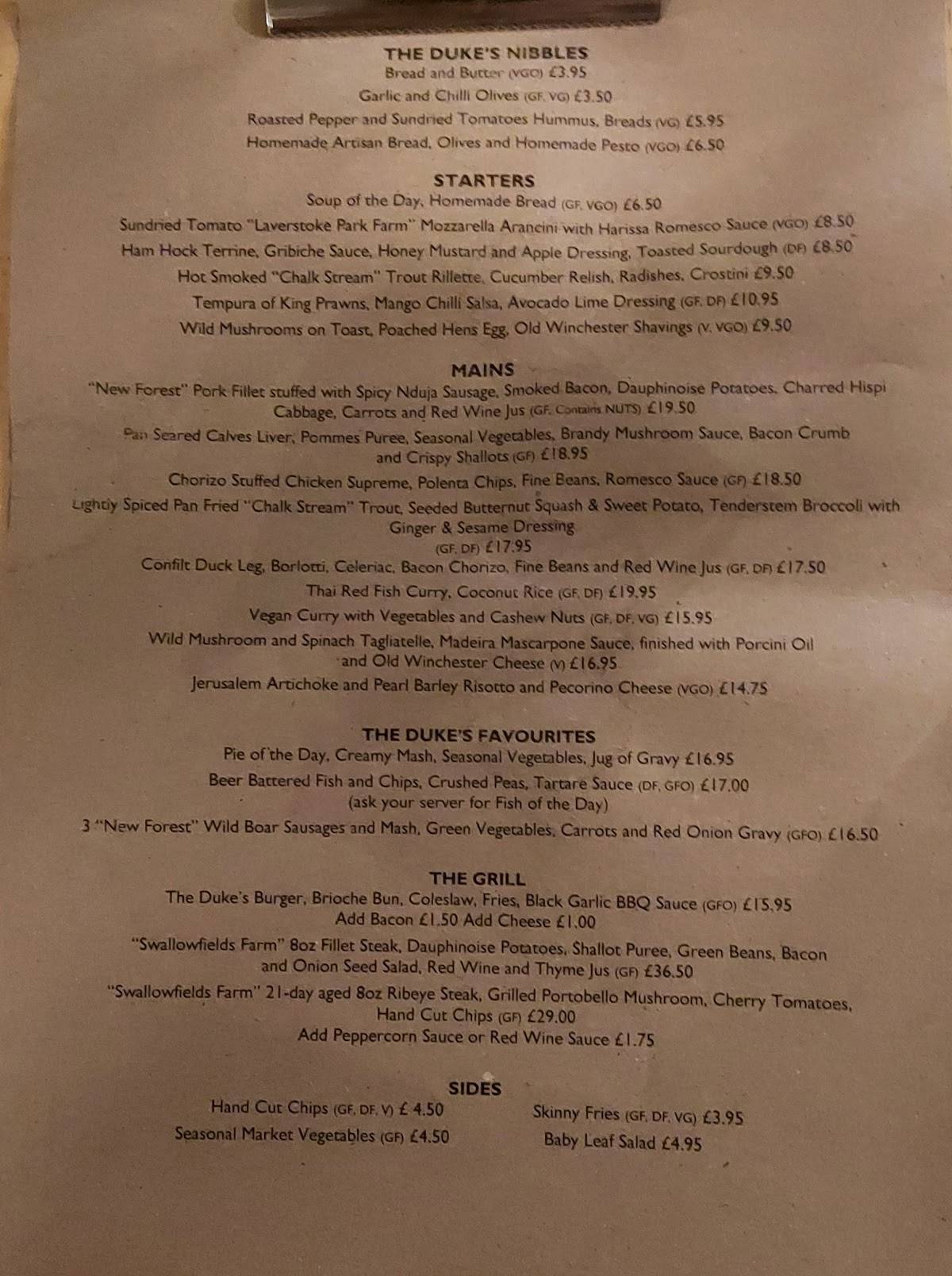 Menu at The Duke on the Test pub & bar, Romsey