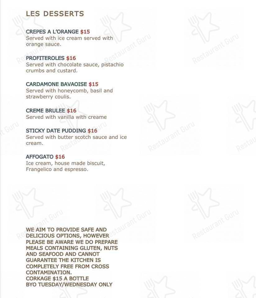 Menu at The French Table Restaurant, Cleveland, 1824 Middle St