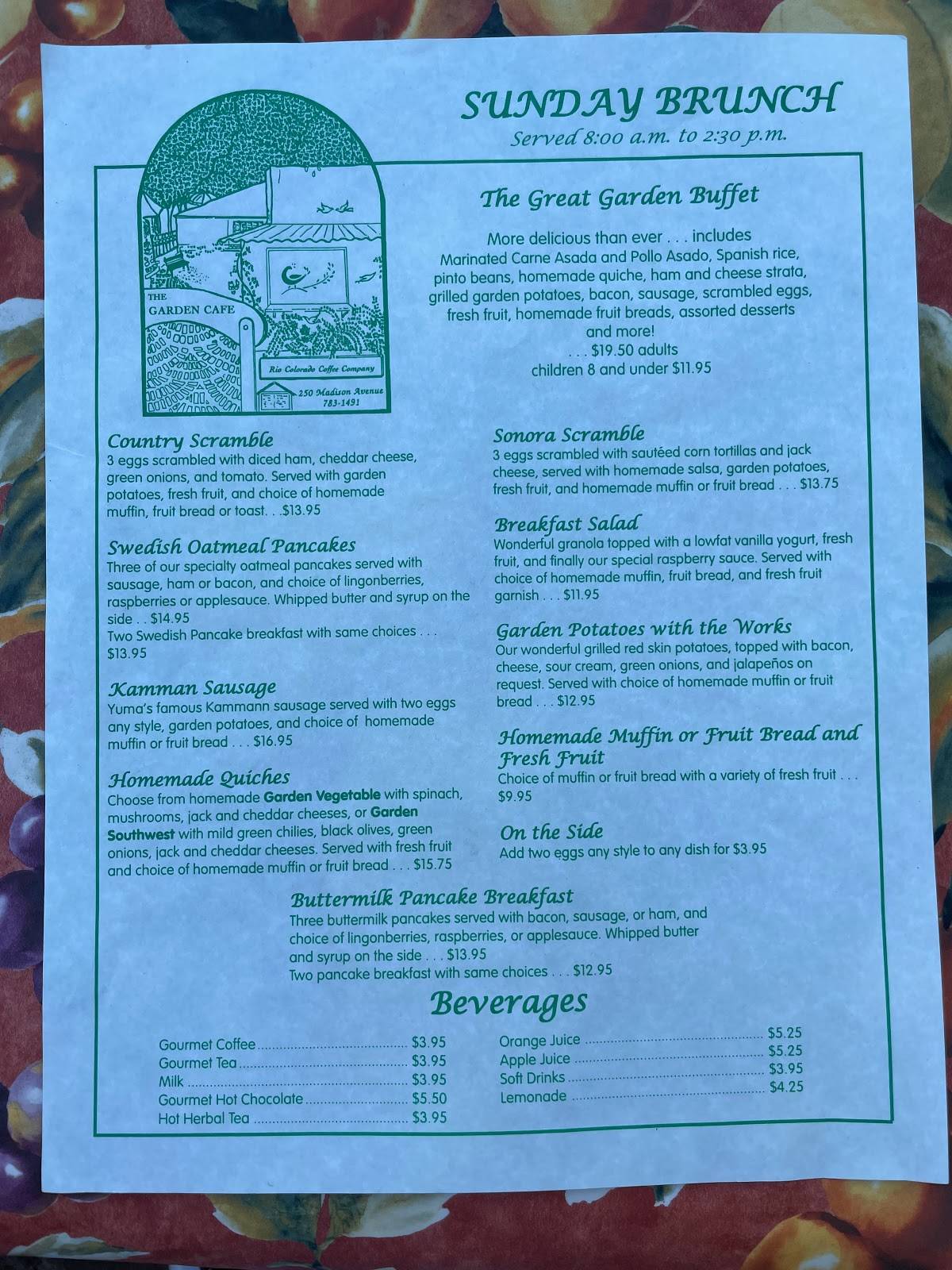 Menu at The Garden Cafe, Yuma