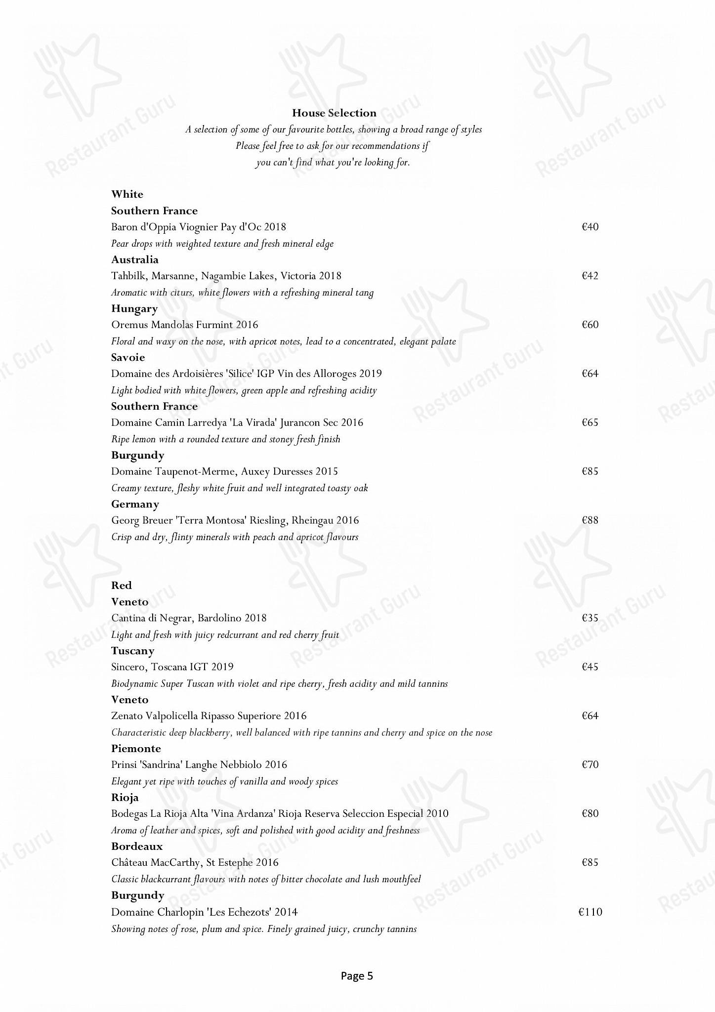 Menu at The Greenhouse restaurant, Dublin