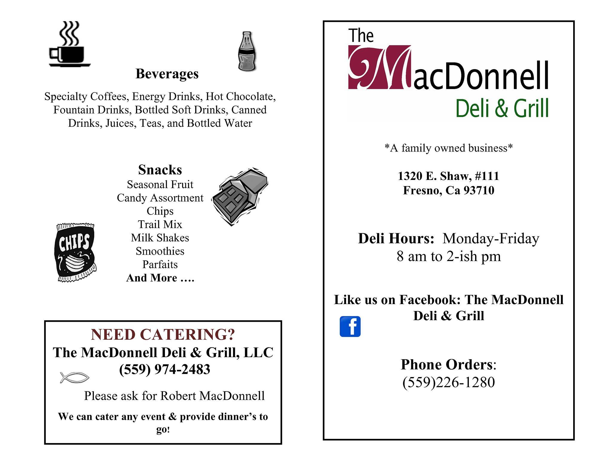 Menu at The MacDonnell Deli & Grill and Catering BBQ, Fresno