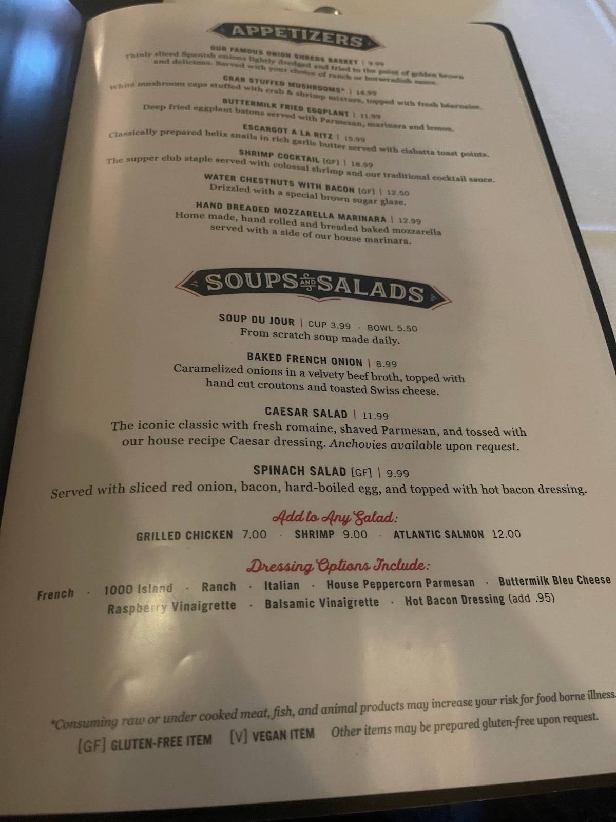 Menu at The Packing House steakhouse, Milwaukee