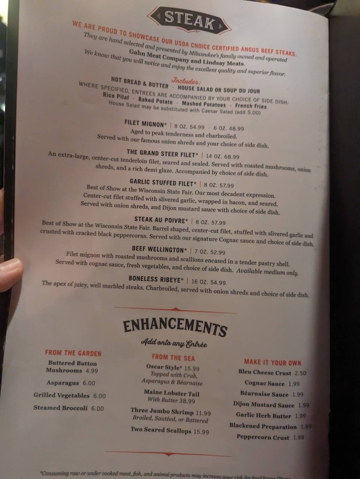 Menu at The Packing House steakhouse, Milwaukee