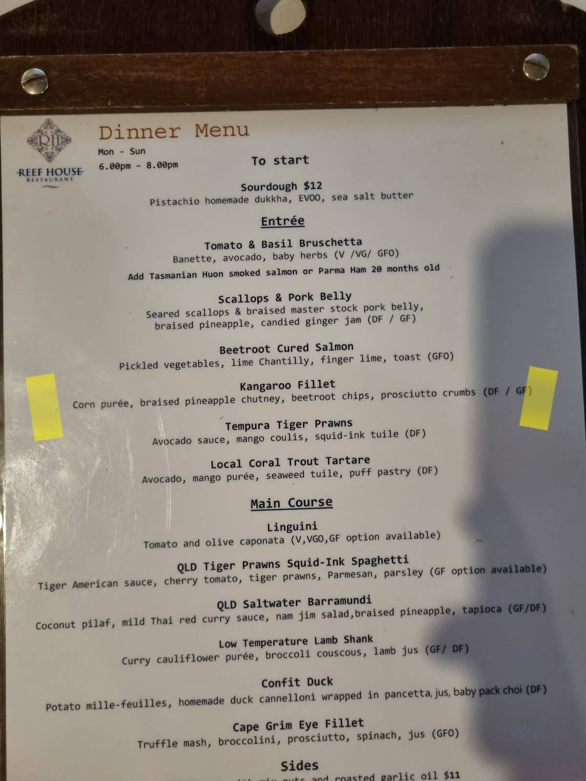 Menu at The Reef House Adults Retreat Palm Cove restaurant, Palm Cove