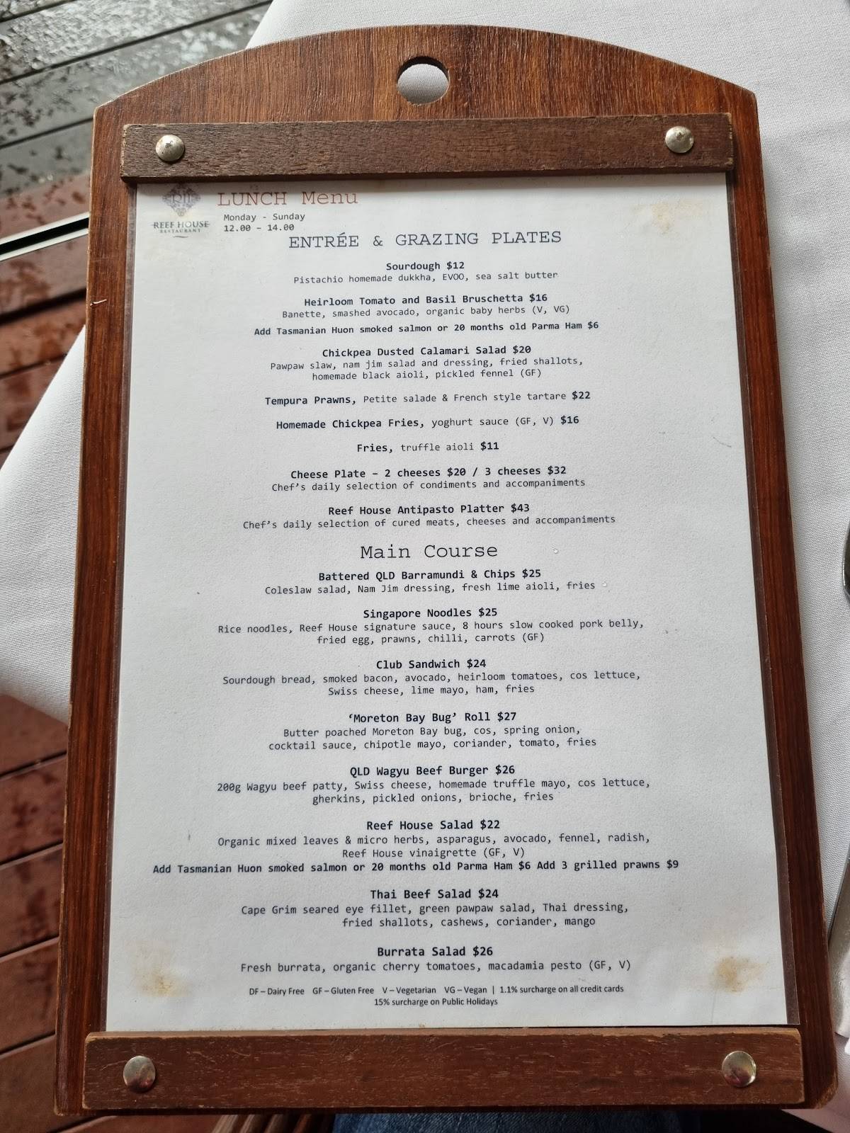 Menu at The Reef House Adults Retreat Palm Cove restaurant, Palm Cove