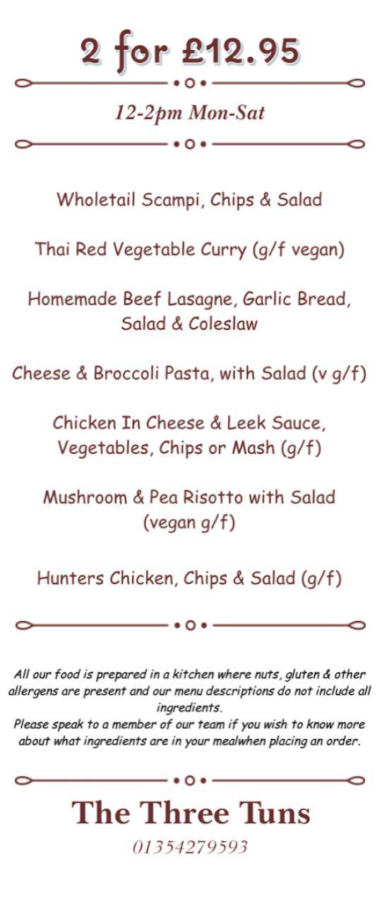 Menu at The Three Tuns pub & bar, March