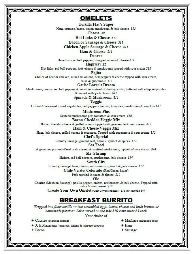 Menu at Tortilla Flats restaurant, Rio Vista