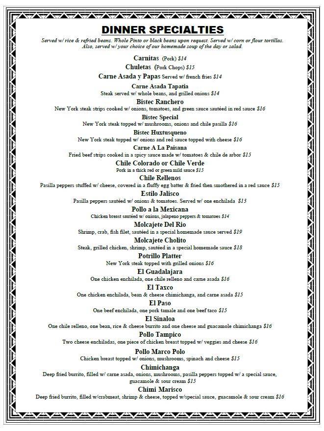 Menu at Tortilla Flats restaurant, Rio Vista
