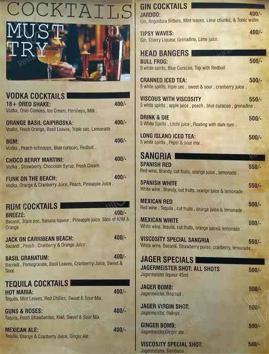 Menu at Viscosity Resto Lounge Party Club Pub & Bar Velachery Chennai