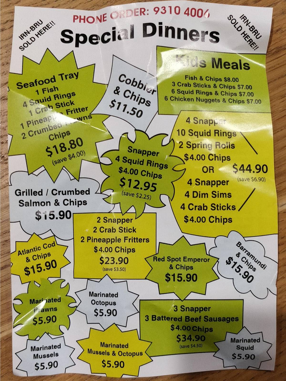 Menu at Southlands Fish & Chips fast food, Willetton