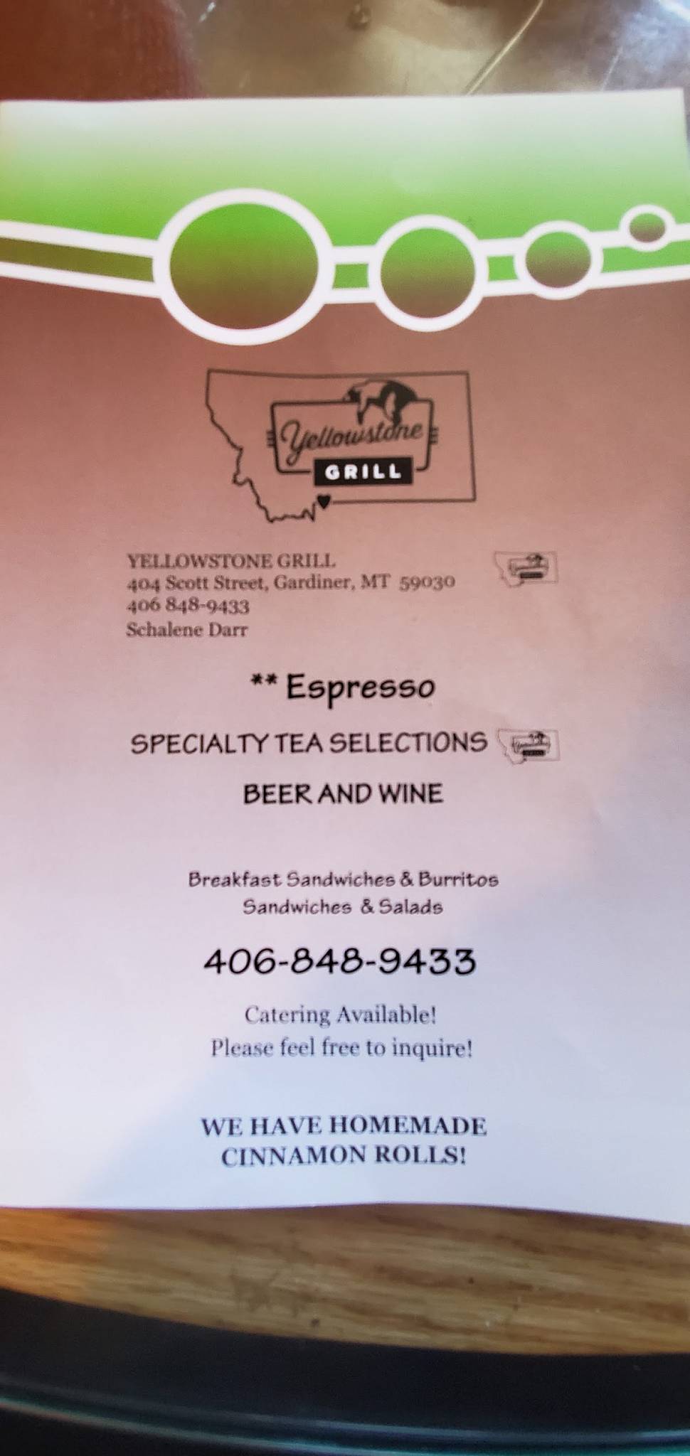 Menu at Yellowstone Grill cafe, Gardiner