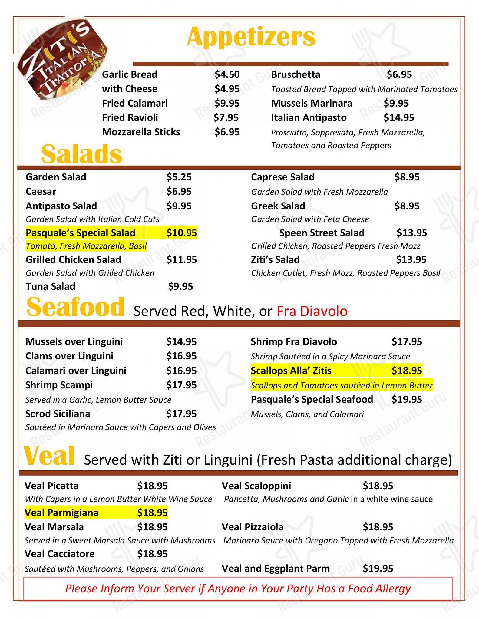 Menu at Ziti's Italian Trattoria pizzeria, Natick