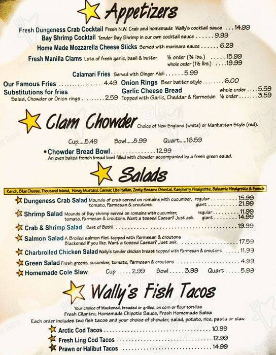 Menu at Wally's Chowder House Broiler restaurant, Des Moines