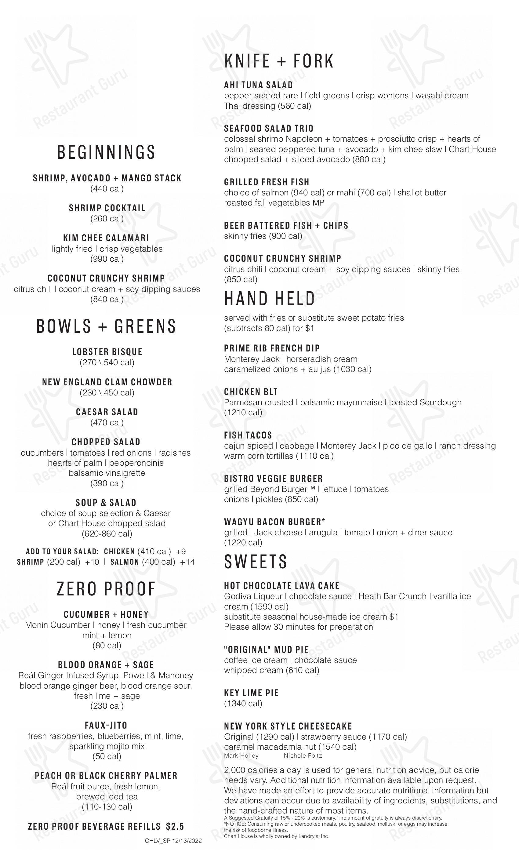 Menu at Chart House steakhouse, Las Vegas