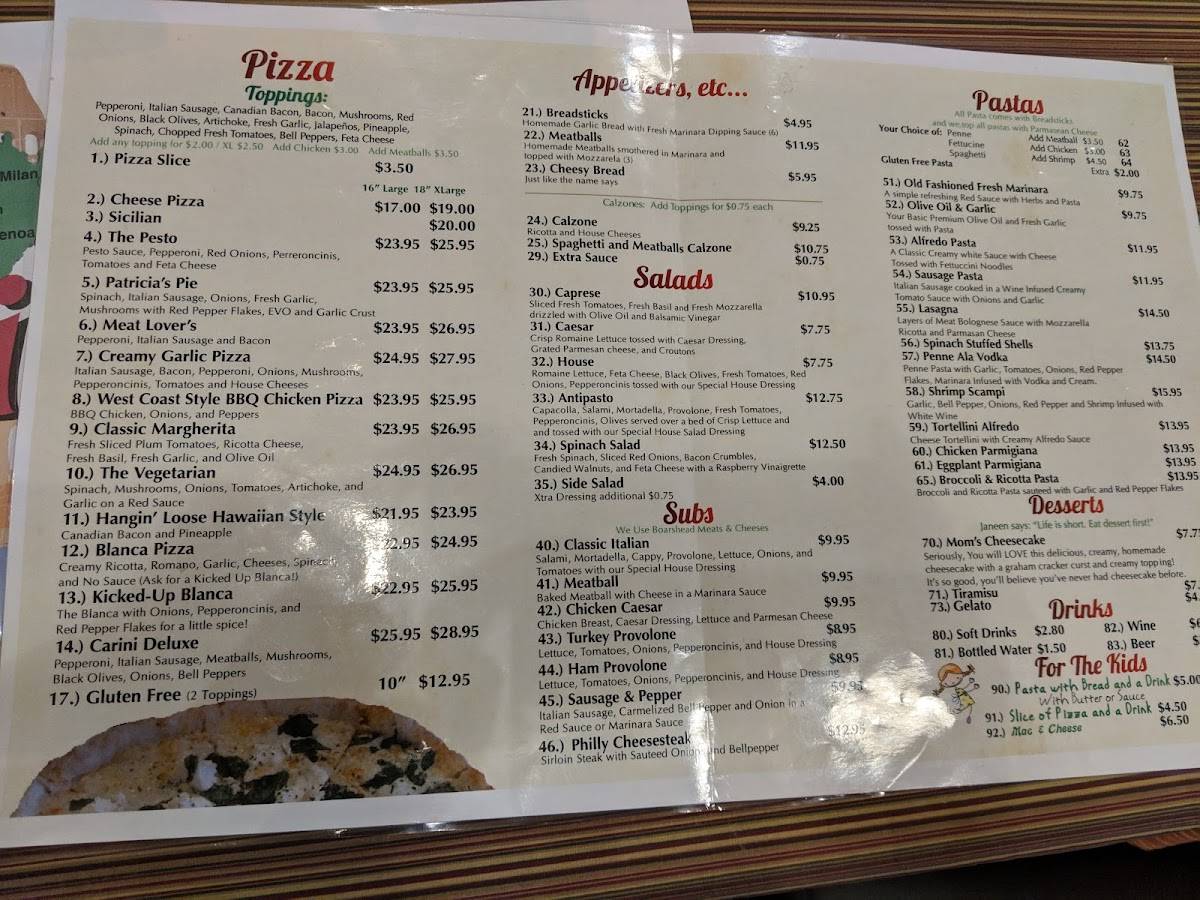 Menu at A Carini's Pizza & Pasta pizzeria, Murrieta, Madison Ave 105
