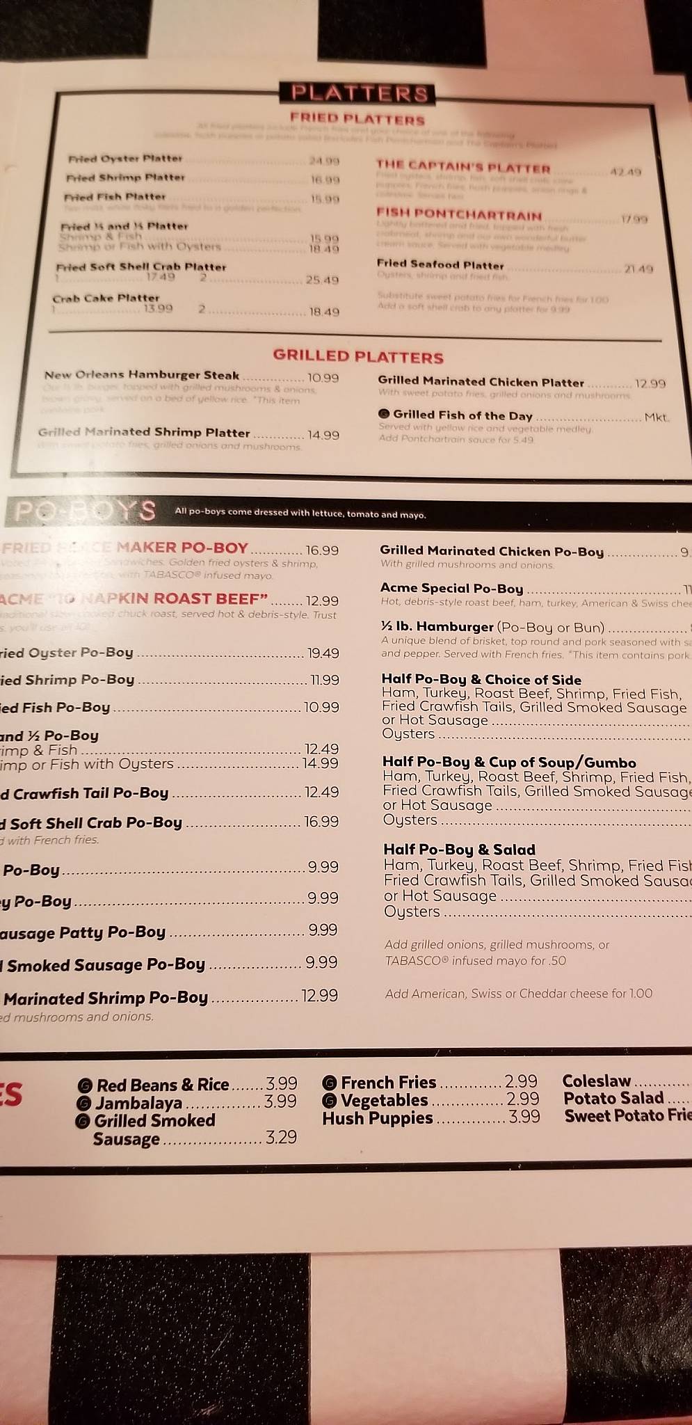 Menu at Acme Oyster House restaurant, Baton Rouge, Perkins Rd