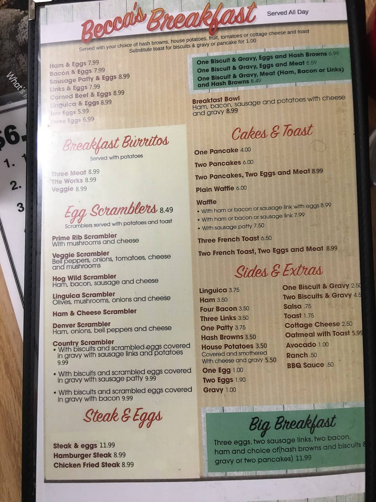 Menu at Beccas Cafe, Anderson