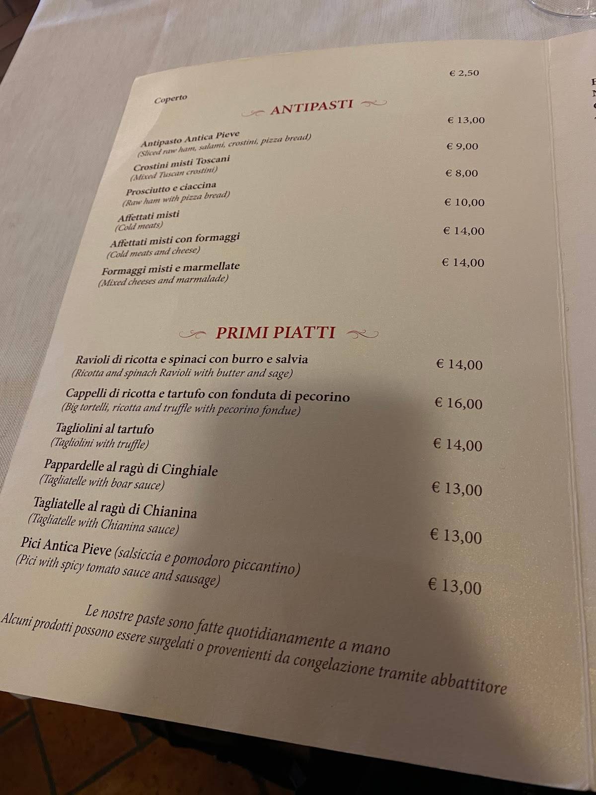 Menu da Antica Pieve pizzeria, Arezzo, Località Vitiano