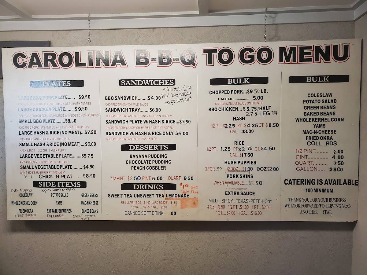 Menu at Carolina Bar-B-Que, New Ellenton