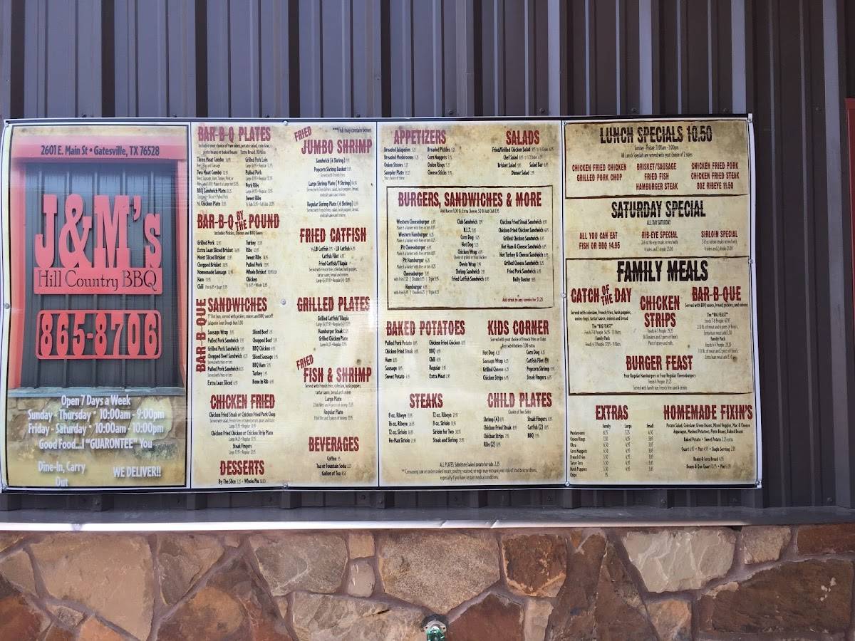 Menu at J & M's Hill Country BarBQ, Gatesville