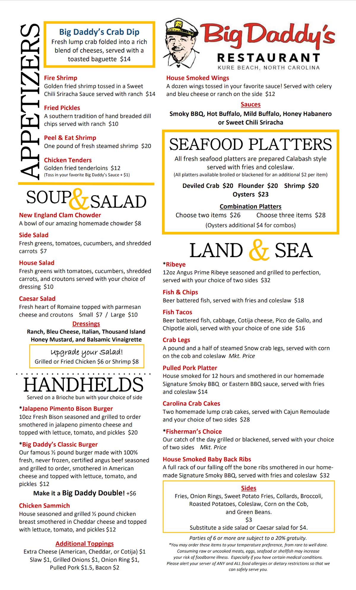 Menu at Big Daddys Seafood Restaurant, Kure Beach