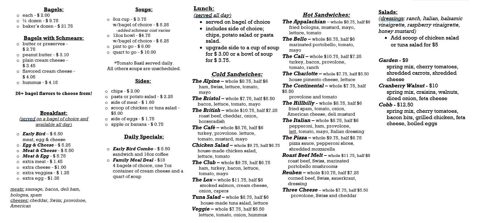Menu at Bristol Bagel & Bakery, Bristol