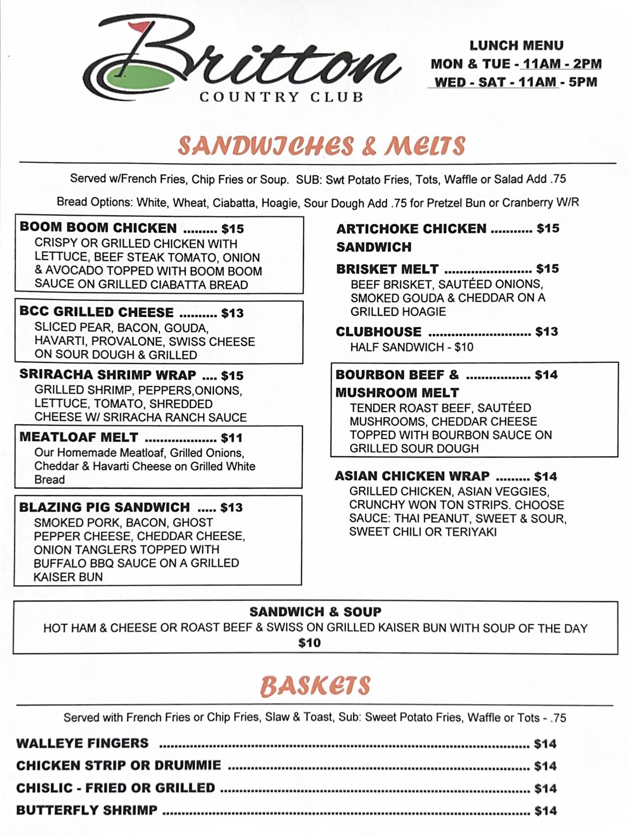 Menu at Britton Country Club, Britton