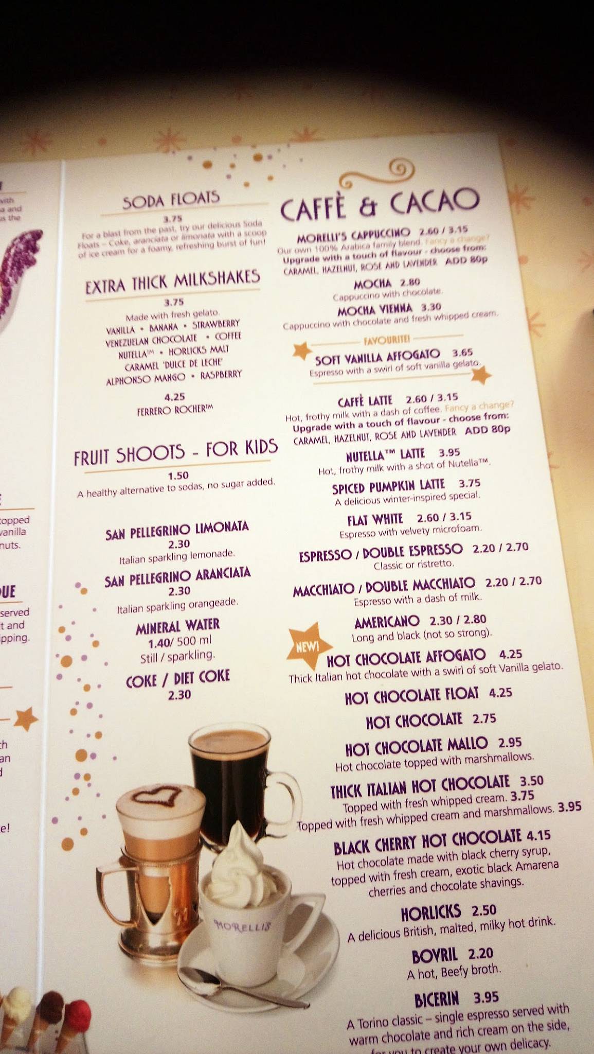 Menu at Morelli's Gelato cafe, Broadstairs