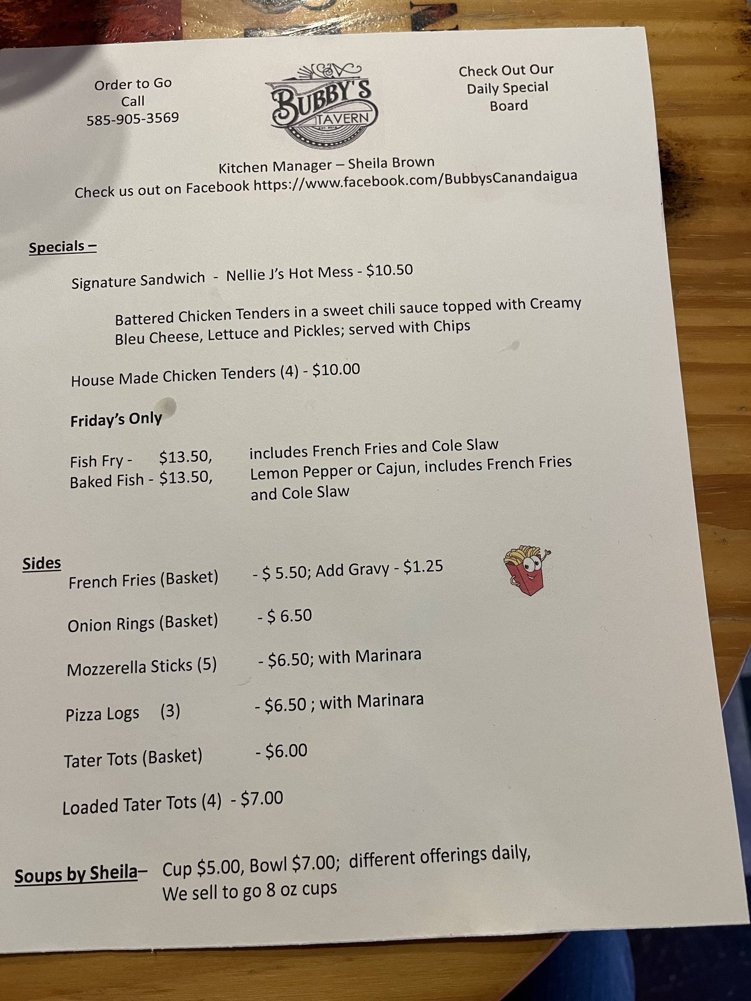 Menu at Bubby's Tavern pub & bar, Canandaigua