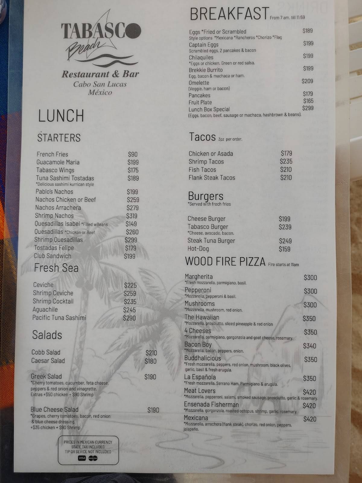 Menu at Tabasco Beach pub & bar, Cabo San Lucas